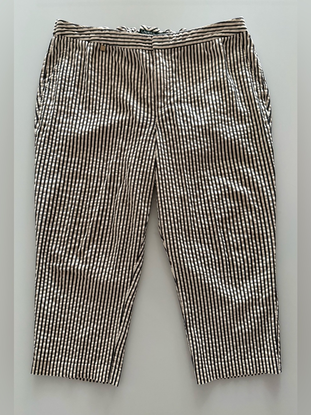 Lauren Ralph Lauren Seersucker Cotton Ankle Pants, Navy & White, Size 18W - EUC